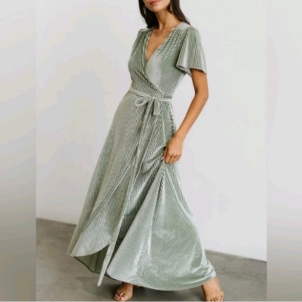 Baltic Born Andi Sage Green Pleated Wrap Maxi Dress